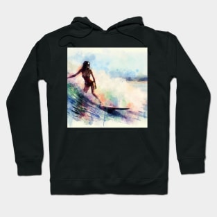 Abstract looking illustration of a woman surfing in a bikini in tropical waters. Hoodie